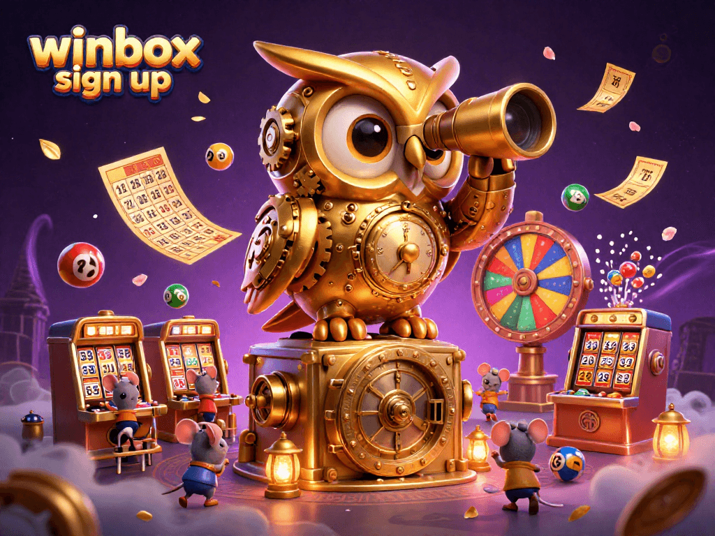Join the excitement with winbox sign up, featuring golden owl and lively casino scene.