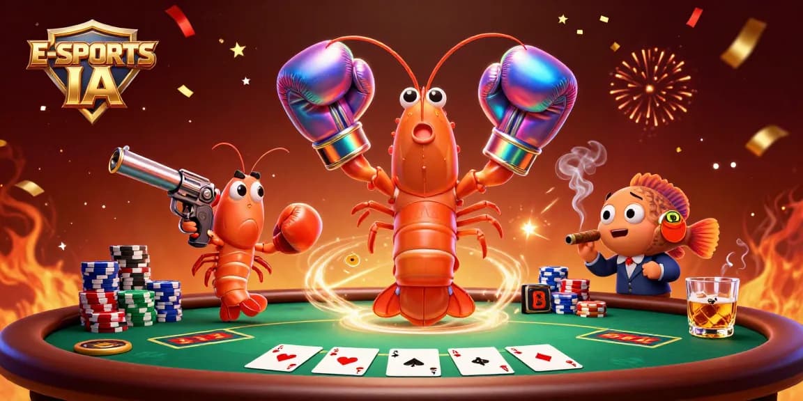 E-SPORTS IA showcases a dynamic match with cartoon shrimp characters around a poker table, emphasizing casino excitement.