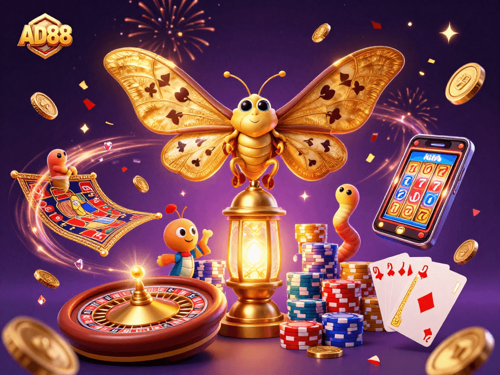 Experience the excitement of AD88 with a vibrant casino scene filled with gold coins and colorful poker chips.
