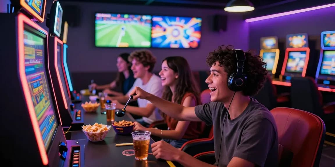 Friends enjoying slot games in vibrant gaming lounge, showcasing excitement and camaraderie.