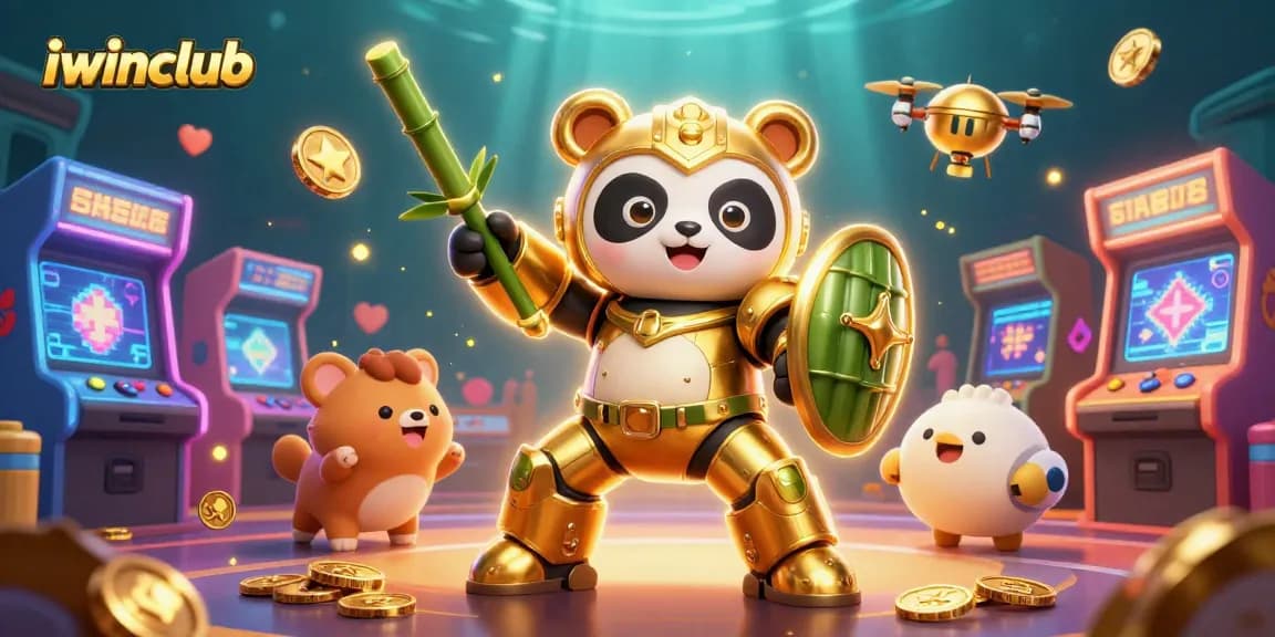 Join the excitement at iwinclub with a vibrant 3D illustration featuring a golden panda in mech-suit battling in a bustling casino arena.
