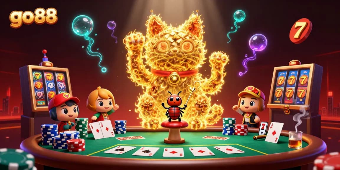 Experience go 88's vibrant slots scene with a lucky cat and poker elements showcasing thrilling gameplay.