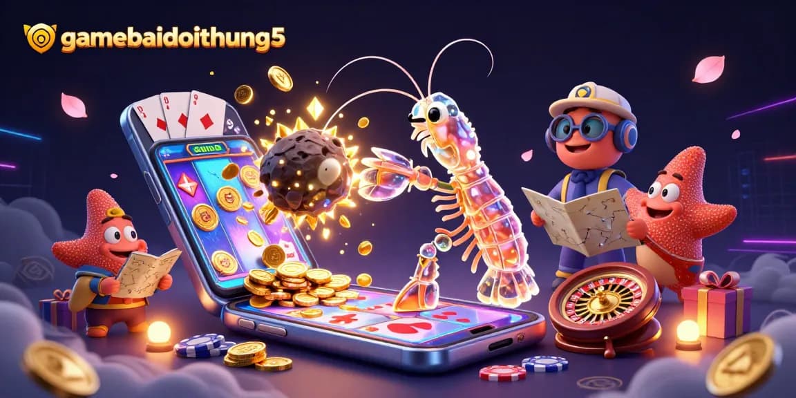 Play thrilling games at gamebaidoithuong5 with a vibrant 3D casino scene featuring colorful slot games and animated characters.