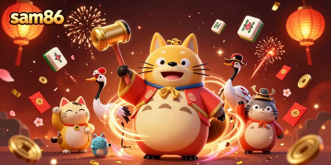 Experience excitement at sam86 with a cheerful tanuki and festive symbols of good fortune.