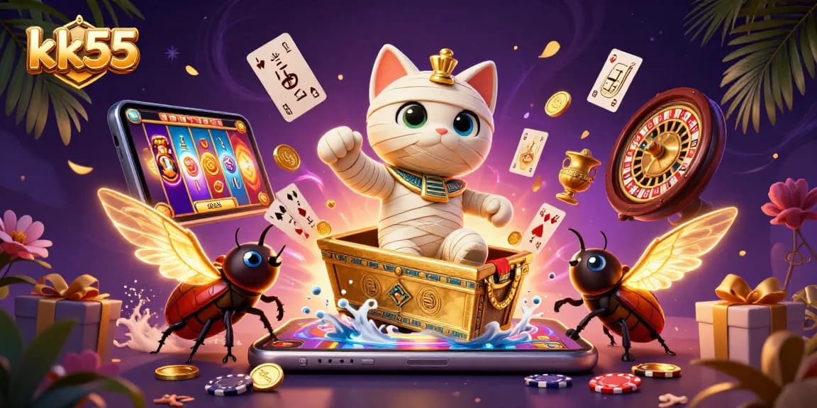 Win big at kk55 with thrilling games as a mummy cat bursts from a sarcophagus in this casino scene.