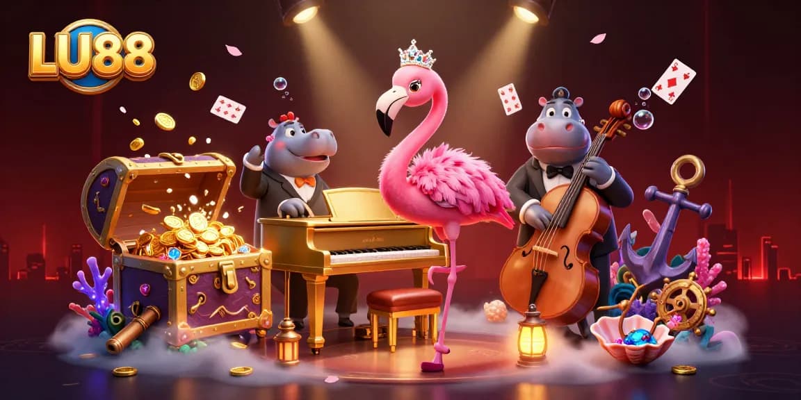 Experience the lively LU88 casino with a flamingo singer and hippo bassist amidst floating playing cards and treasure.