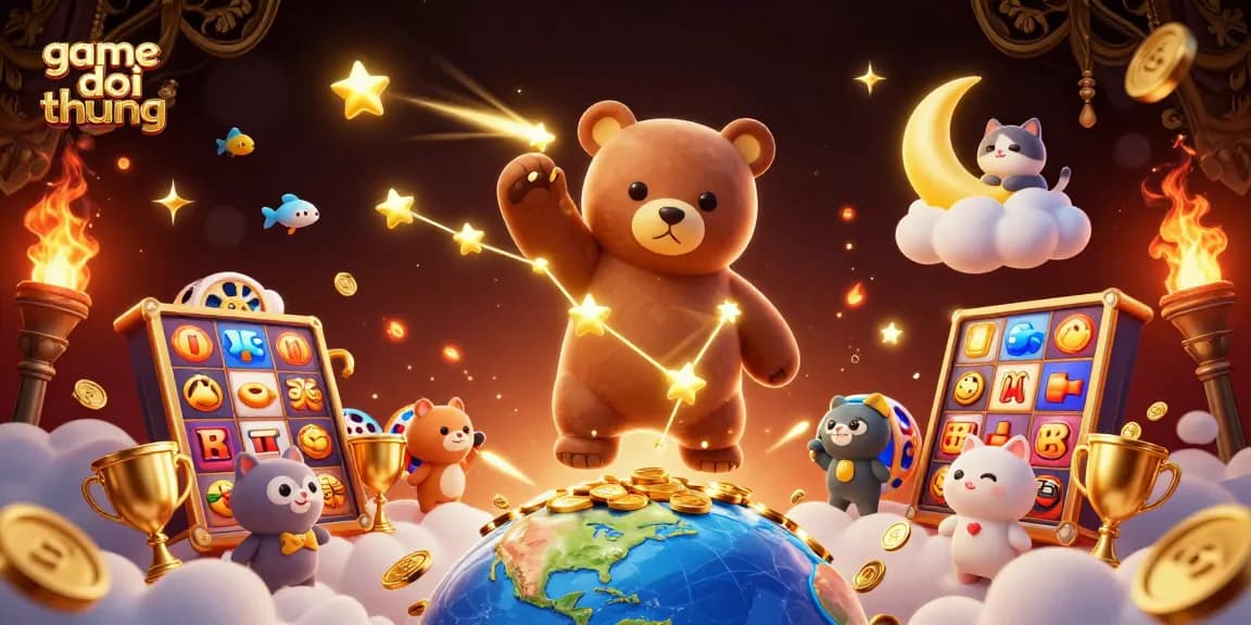 Play game doi thuong and scoop coins with a constellation bear in a vibrant casino scene.