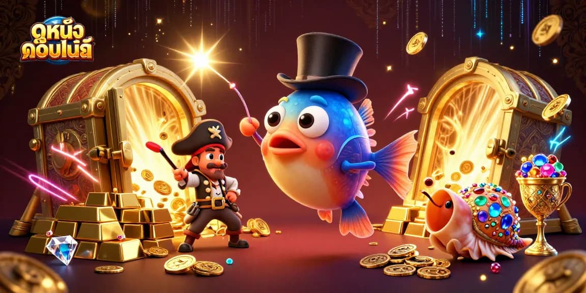 Increase your stakes with ดูหนังออนไลน์ as the deep-sea anglerfish attracts glowing coins amidst treasure.