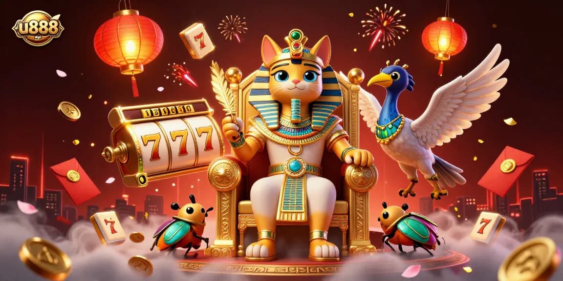 u888 offers vibrant casino excitement with Egyptian themed characters amidst slot reels and festive decorations.