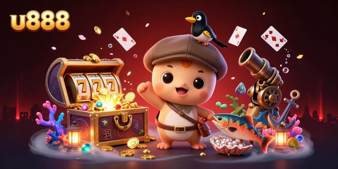 Win big at u888 with this vibrant casino scene featuring playful characters and dynamic game elements.