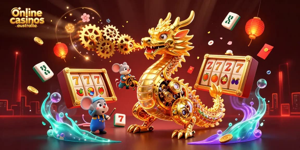Experience exciting gameplay in online casinos Australia with vibrant slot machines and a golden dragon.