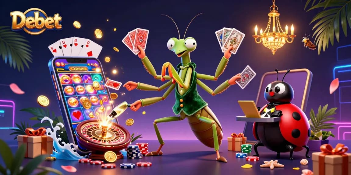 Engage in thrilling casino gameplay with Debet, featuring a vibrant scene with a praying mantis card sharp.