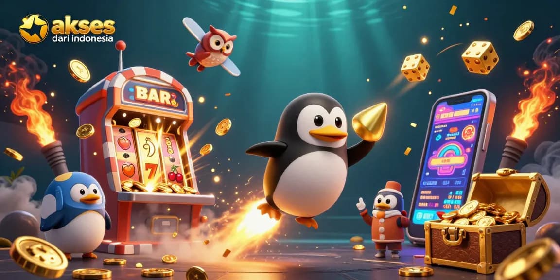 Access SBOBET from Indonesia with engaging 3D casino-themed illustration featuring golden penguin and slot machine
