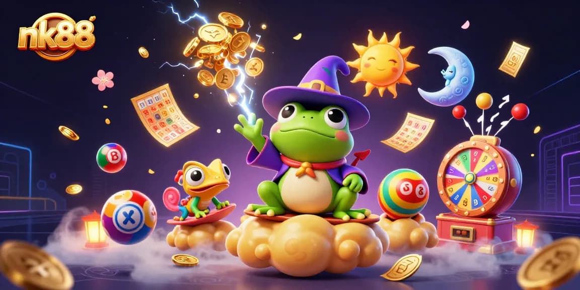 Experience wins at nk88 with vibrant golden coins, lively lottery elements, and exciting gaming action.