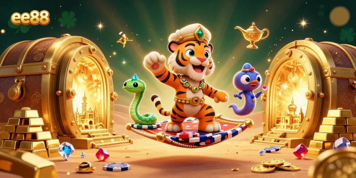 Experience the thrill of gaming at ee88 with a vibrant 3D scene of excitement and treasure.