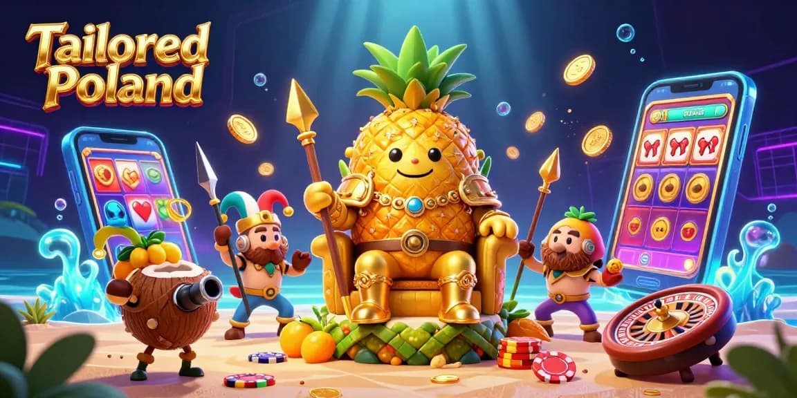 Experience a vibrant casino scene with Tailored Poland's winning strategies for gamers, showcasing a pineapple king and colorful slot games.