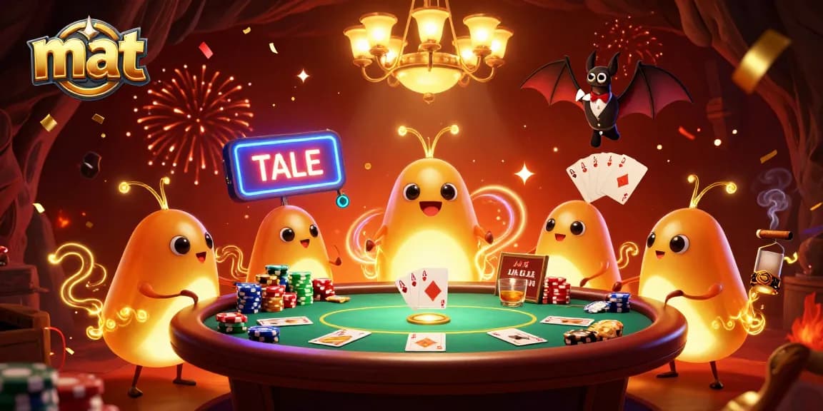 Experience thrilling gaming at mat's cave casino with glowing insects and vibrant poker elements.