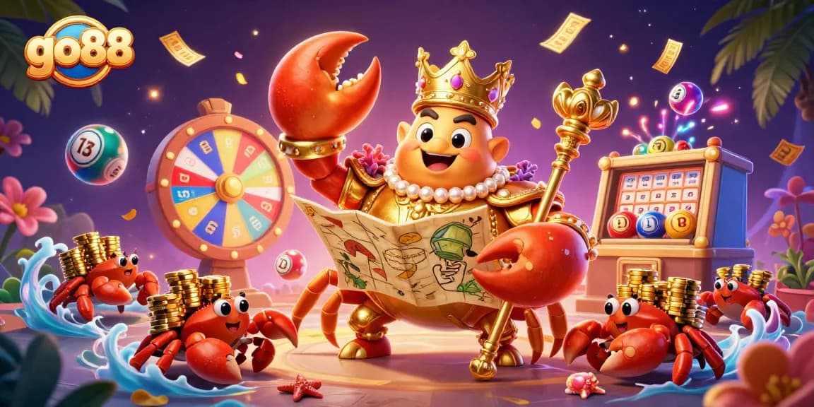 Join the fun at go88 with vibrant lottery elements and a majestic crab emperor in an exciting casino setting.