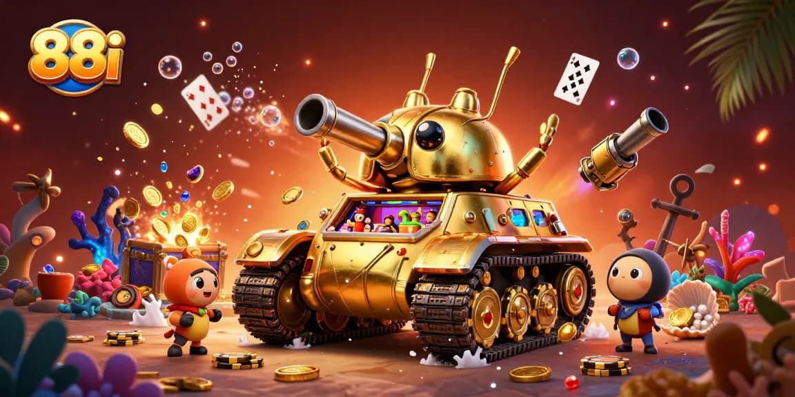 Experience the vibrant world of 88i with a captivating casino inside a golden tank, revealing excitement and action.