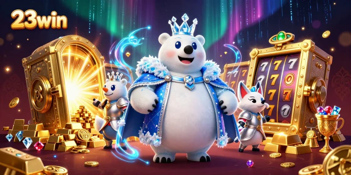 Experience 23win's thrilling jackpot action with a polar bear and snow fox amidst sparkling treasures.