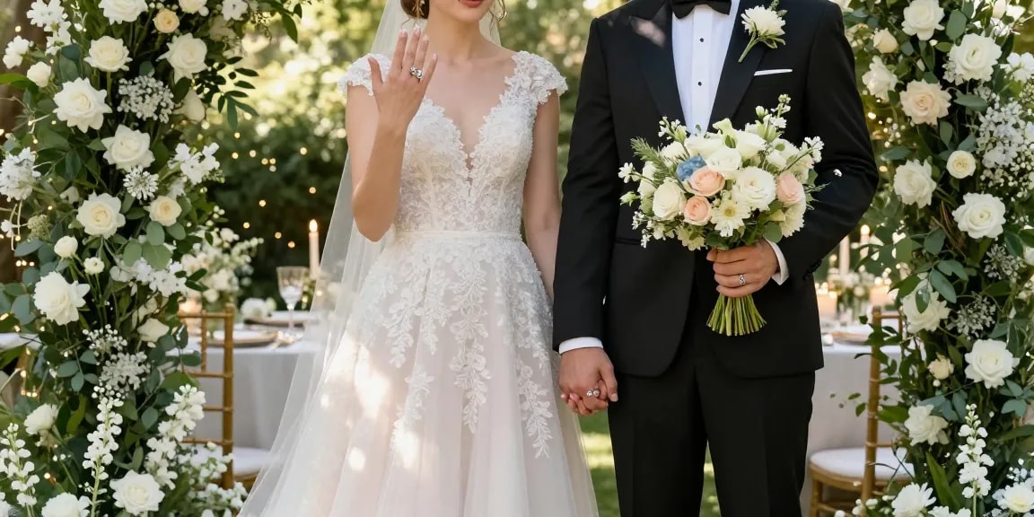 Luxury wedding rings featured on a couple's hands in a romantic garden setting.