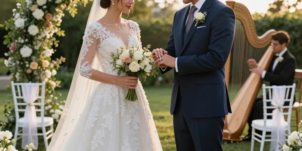 Luxury wedding rings exchanged during an elegant outdoor wedding ceremony.