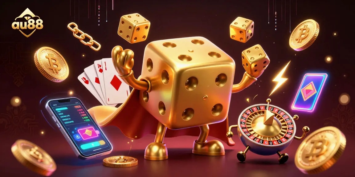 Engage with au88's thrilling casino experience featuring golden dice golem juggling dice and colorful crypto coins.