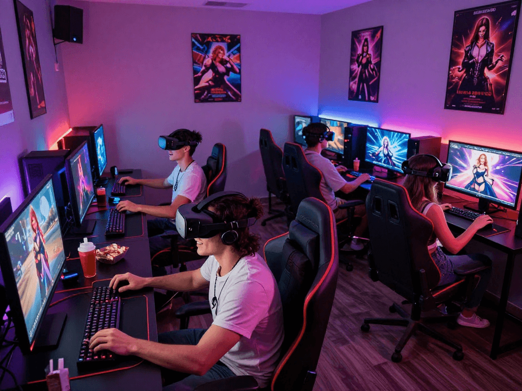 Friends enjoying a sex game in a vibrant gaming lounge with colorful LED lights.