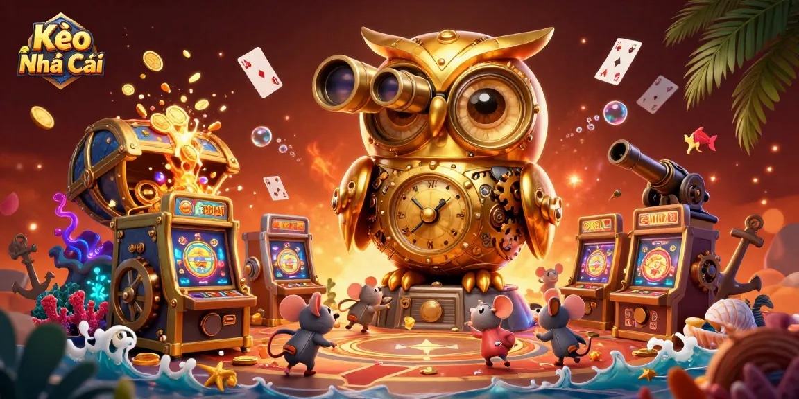 Kèo Nhà Cái enchanting scene with golden owl and mouse patrons amid colorful treasure in a vibrant casino setting.