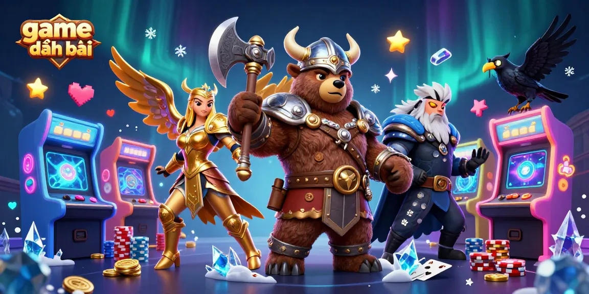 Engage in game đánh bài with Viking and Valkyrie amid colorful casino elements in a vibrant setting.