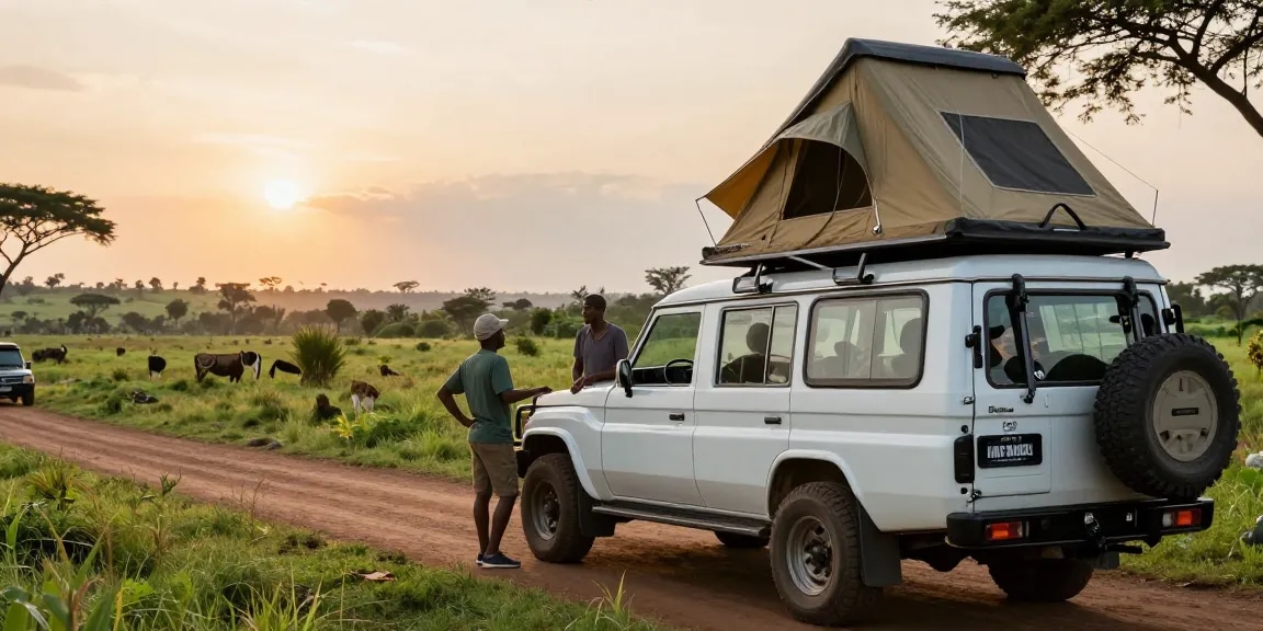 Rental car Uganda adventure with travelers exploring scenic landscapes