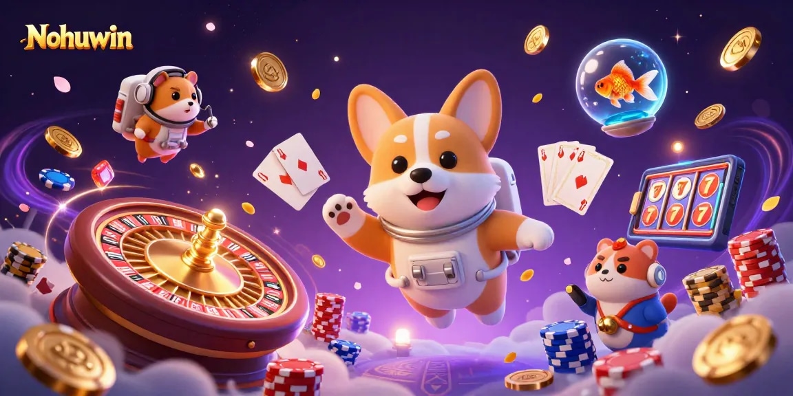 Nohuwin offers an engaging casino experience with a cartoon astronaut corgi in a vibrant space station.