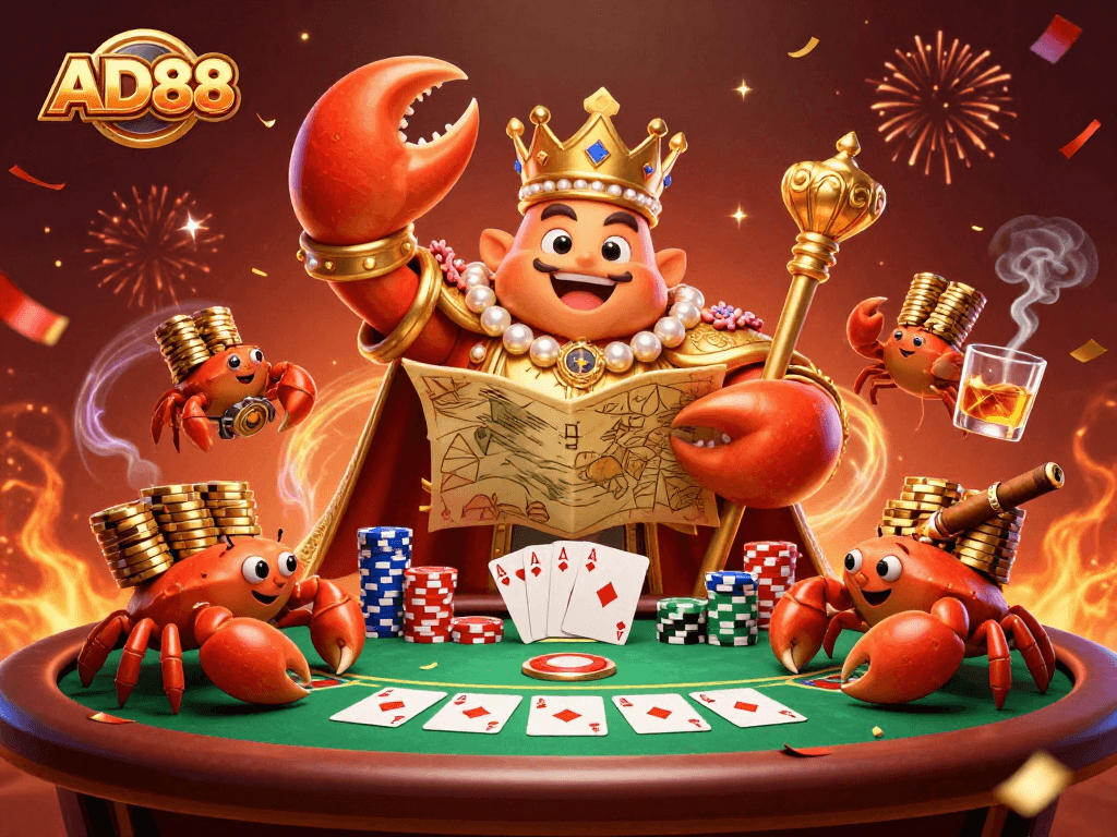 Discover epic poker gameplay at AD88 with a golden crab emperor, royal scepter, and vibrant game elements.