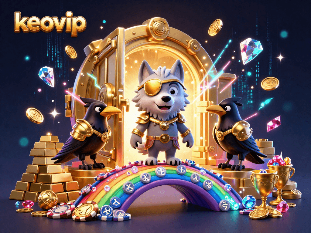 Experience keovip's captivating 3D casino world with the Odin wolf, golden treasures, and vibrant elements.