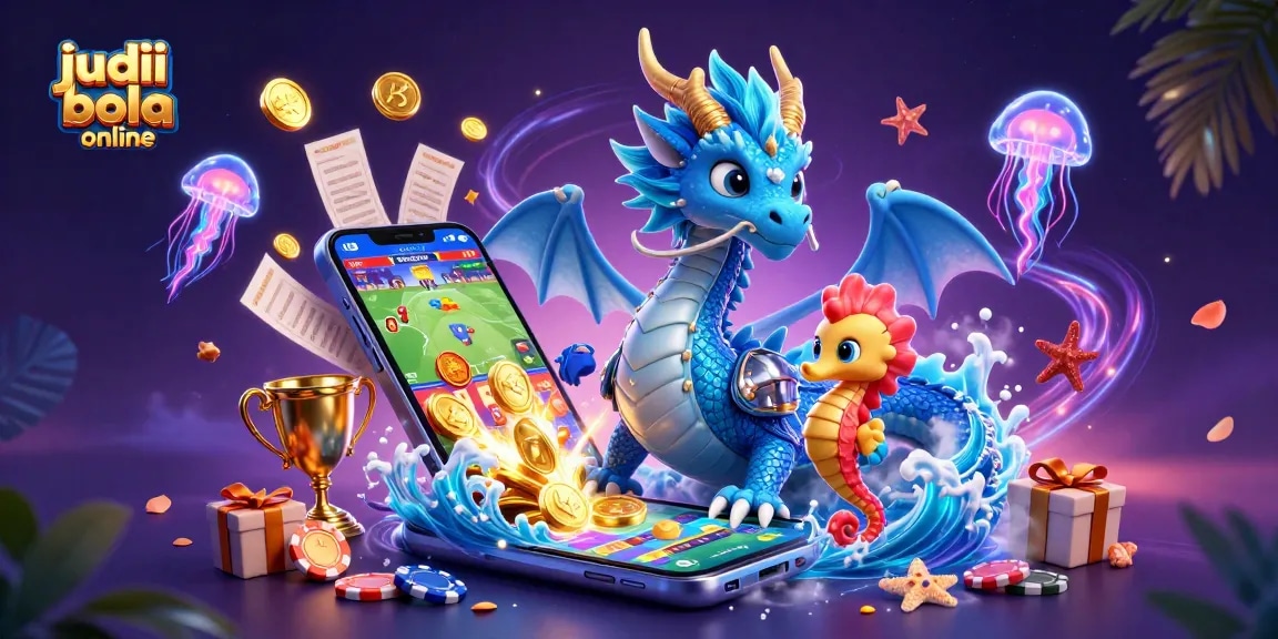 Experience exhilarating judi bola online action with our vibrant 3D illustration showcasing an azure dragon and sports betting elements.