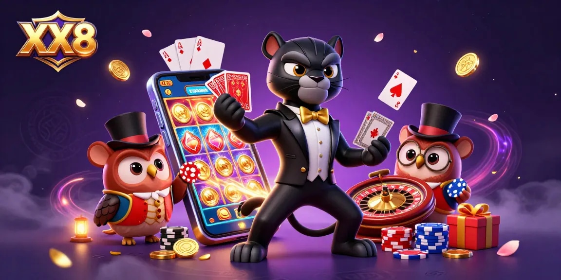 Experience the excitement at XX8 as the black panther deals cards surrounded by vibrant gaming elements.