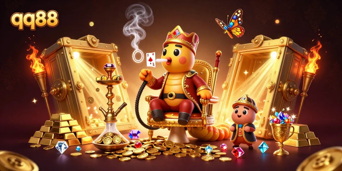 Engage in thrilling gaming with qq88, featuring a vibrant casino scene filled with golden treasures and excitement.