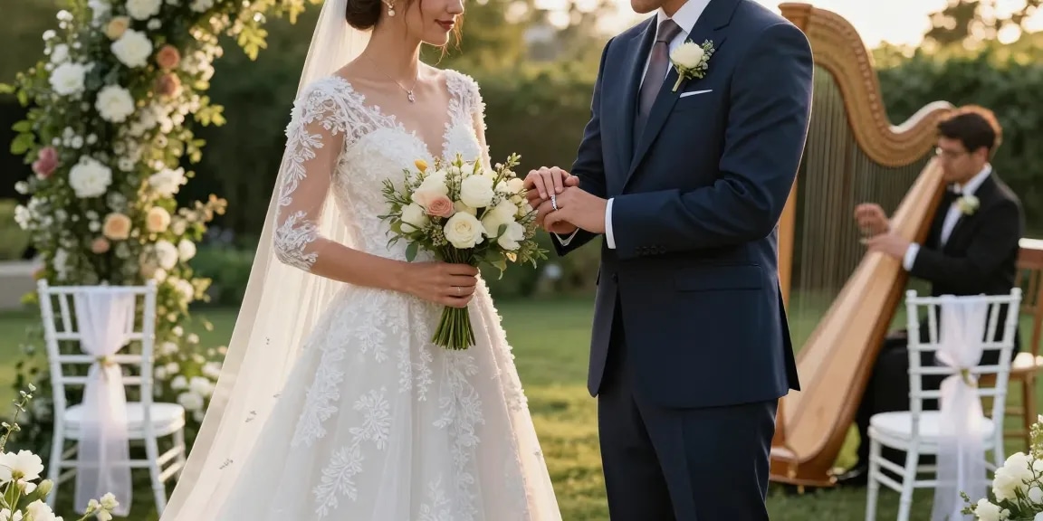 Luxury wedding rings exchanged during an elegant outdoor wedding ceremony.