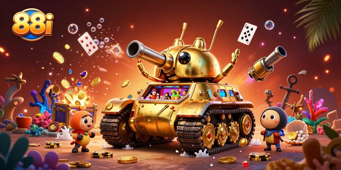 Experience the vibrant world of 88i with a captivating casino inside a golden tank, revealing excitement and action.