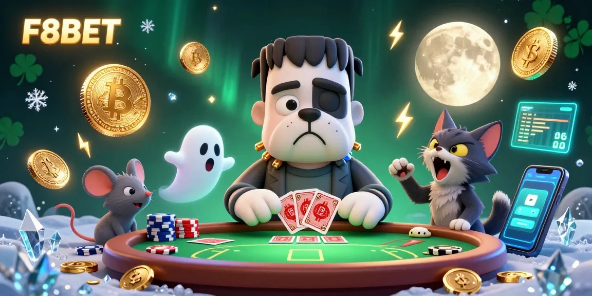 Engage in thrilling poker games with F8BET as a 3D Frankenstein bulldog deals cards at a spooky poker table.