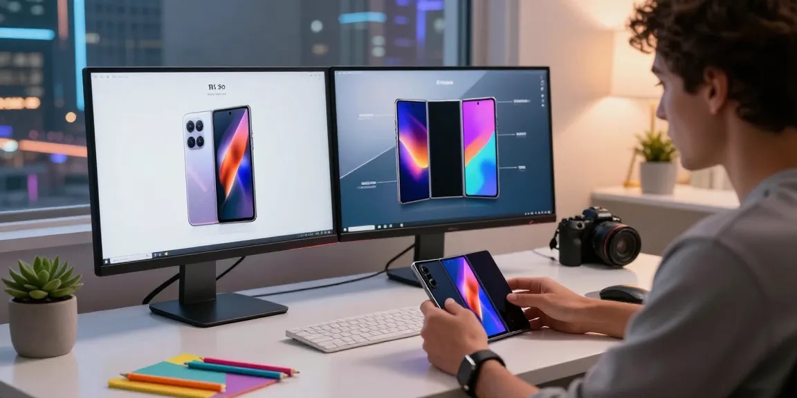 A tech enthusiast examining a tri-fold phone in a stylish modern workspace.