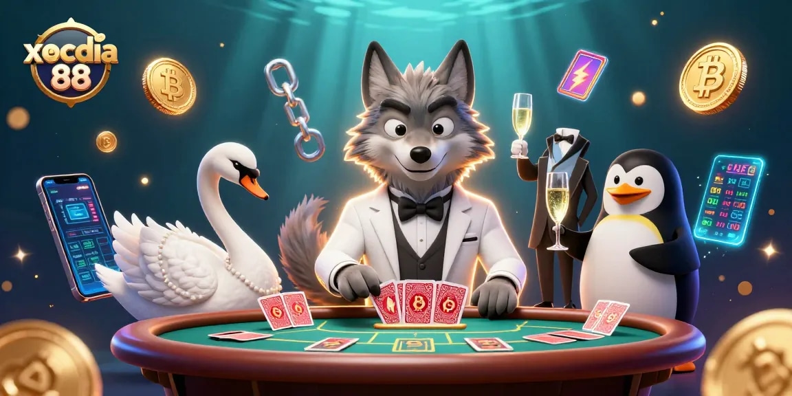 Engage with the thrilling experience at xocdia 88, featuring a debonair wolf and elegant characters, immersed in vibrant casino action.