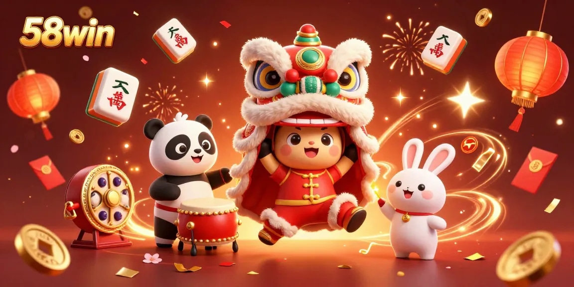 Experience vibrant 58win casino action with lion dance and festive elements in a lively 3D illustration.