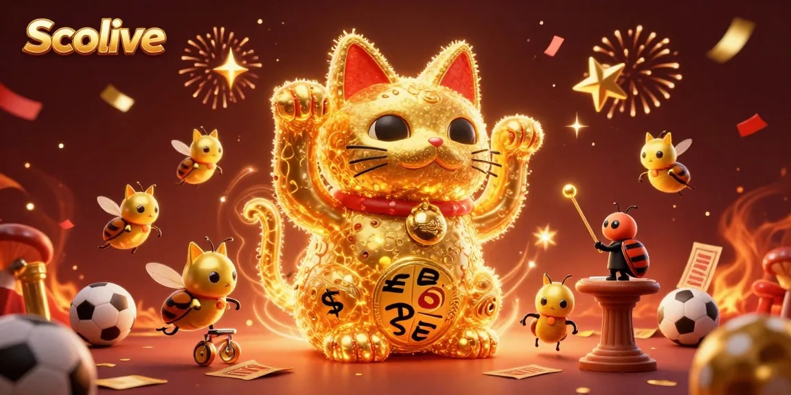 Engage with Socolive's vibrant sports betting experience showcasing a golden lucky cat with animated casino symbols.