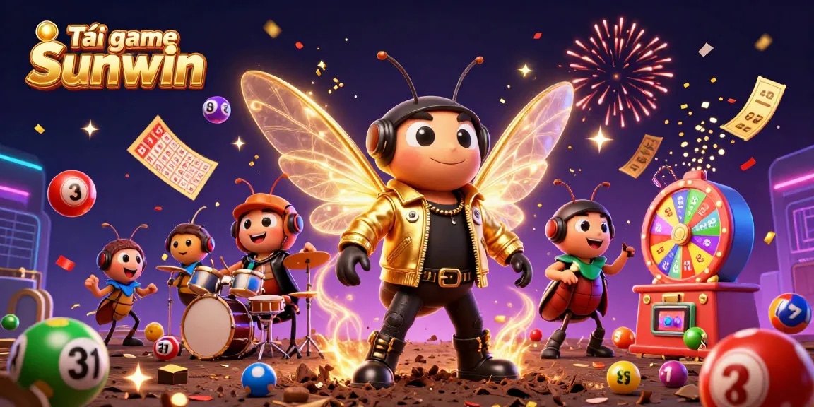 Tải game Sunwin with dynamic lottery elements, colorful balls, and 3D casino characters in vibrant celebration.