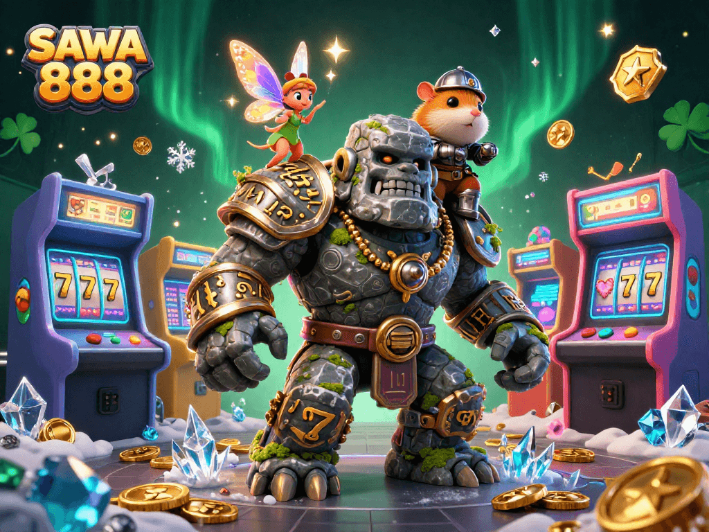 Experience the excitement of SAWA 888 with enchanting characters amidst vibrant casino elements and slot machines!