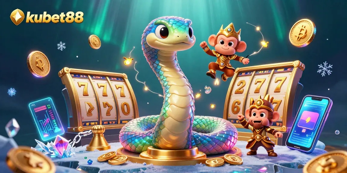 Experience thrilling slots with kubet88’s vibrant 3D illustration featuring a dynamic casino scene.