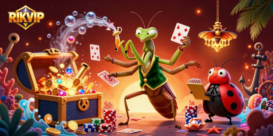Experience excitement at RIKVIP with a lively casino scene featuring a mantis card sharp and playful elements.