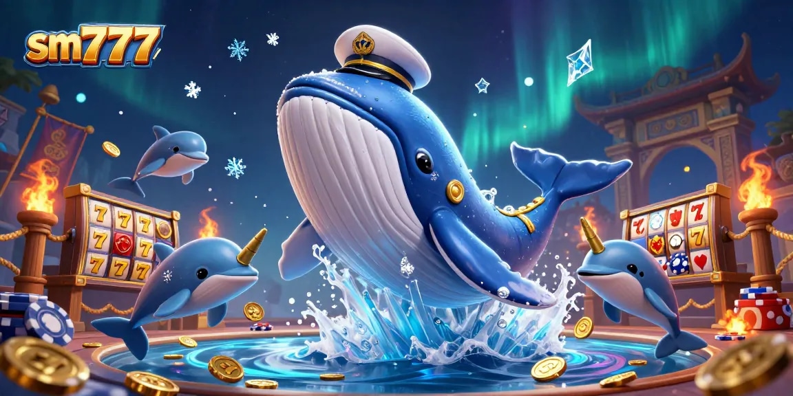 Experience the excitement of sm777 with a cartoon whale and playful dolphins in a vibrant casino scene.