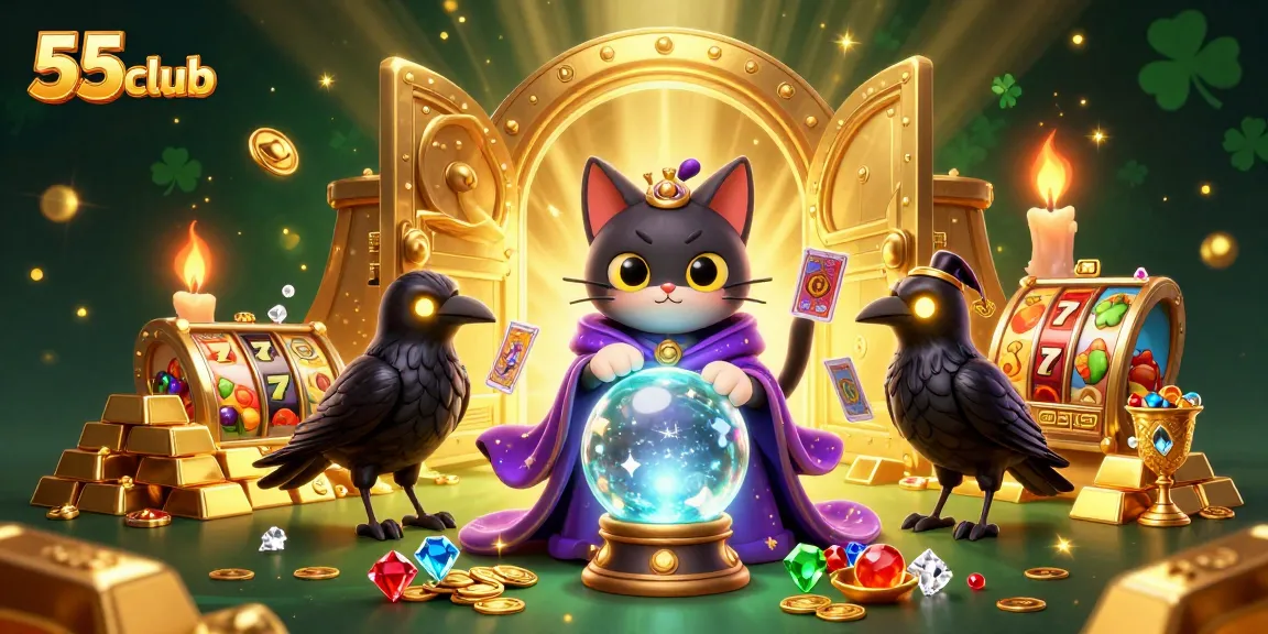 Engage with the 55club's enchanting gambling scene featuring a mystic fortune teller cat.
